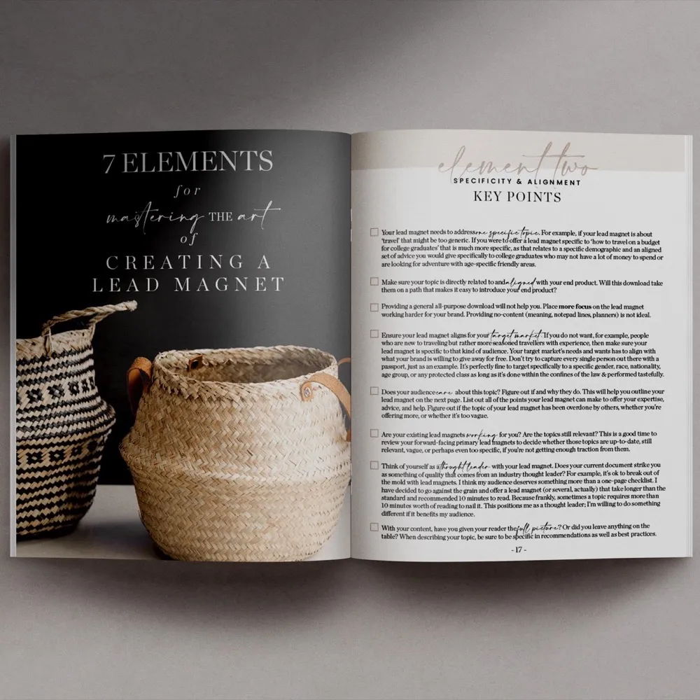 The Create Your Lead Magnet guidebook, open to the key points for element two