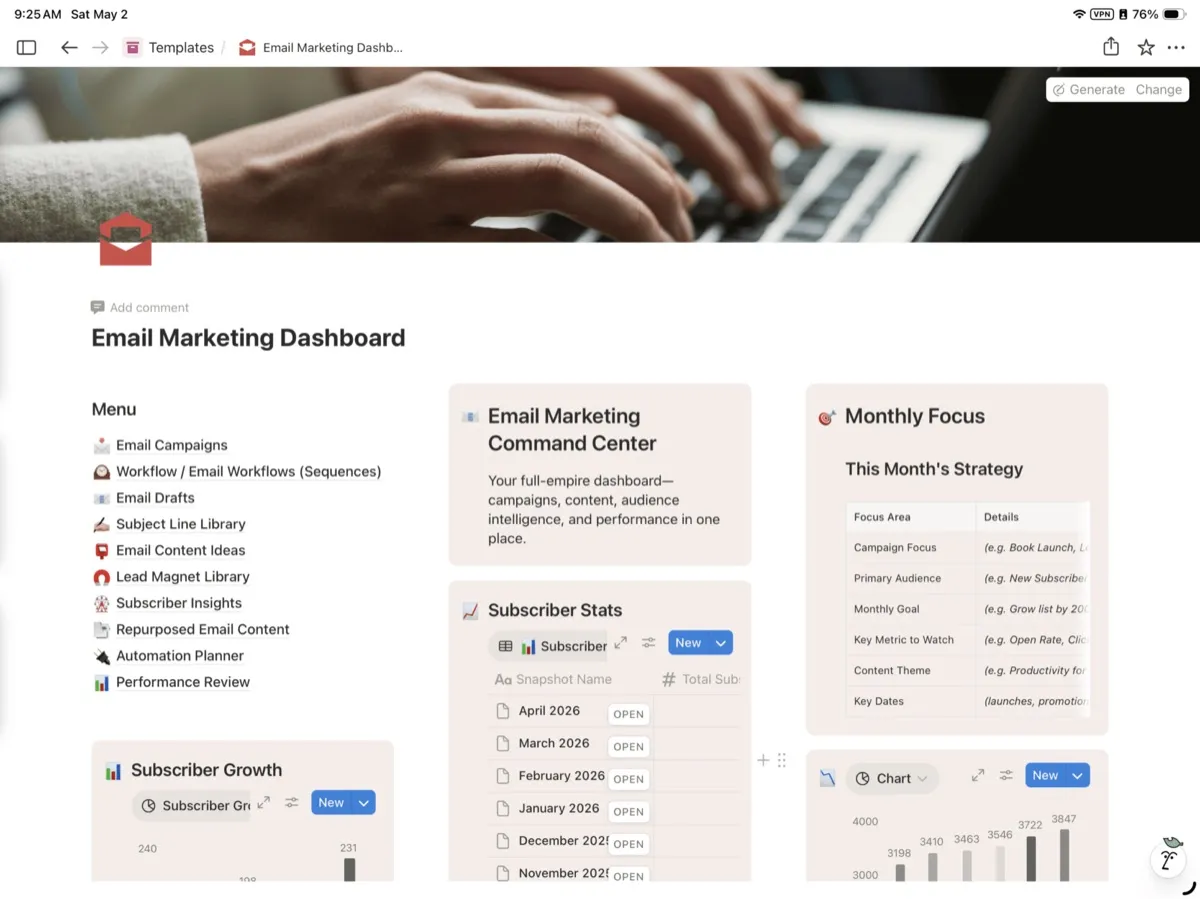 Email Marketing Dashboard Notion Template preview