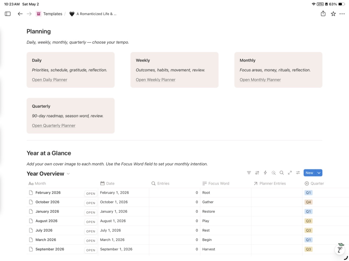 A Romanticized Life & Business Planner Notion Template preview