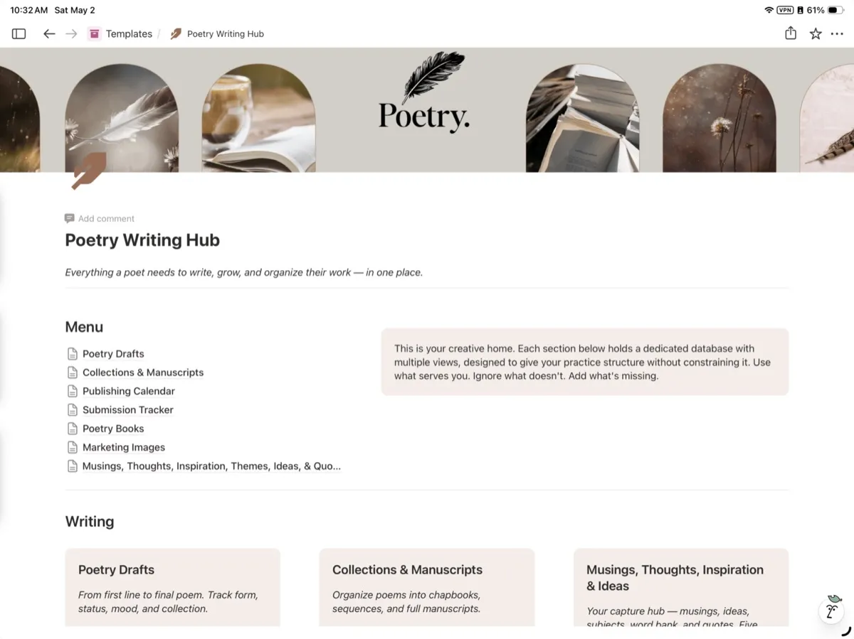Poetry Writing Hub Notion Template preview