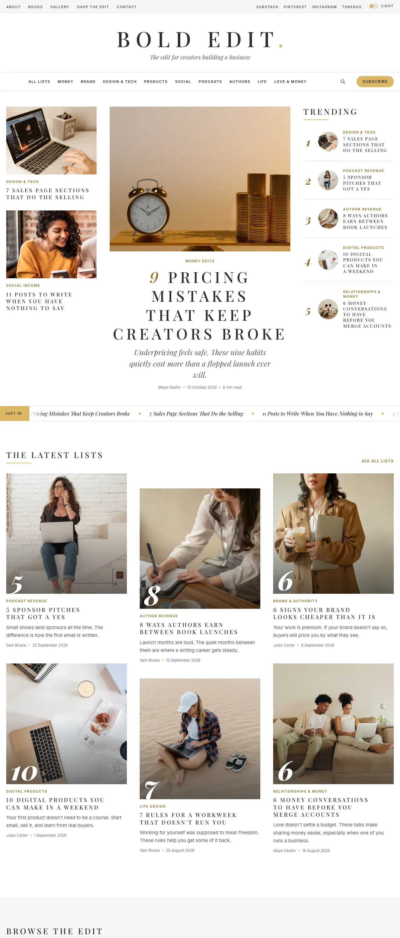 Home page of the Bold Edit Magazine Website template